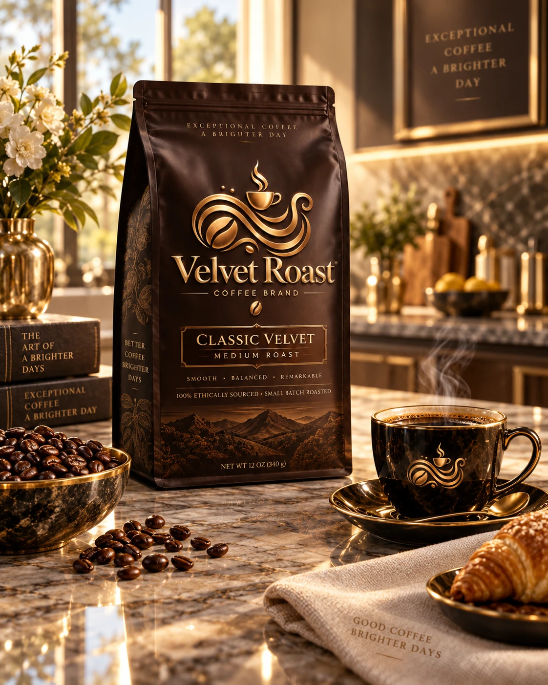 Classic Velvet coffee bag and cup photographed in a beautiful designer kitchen