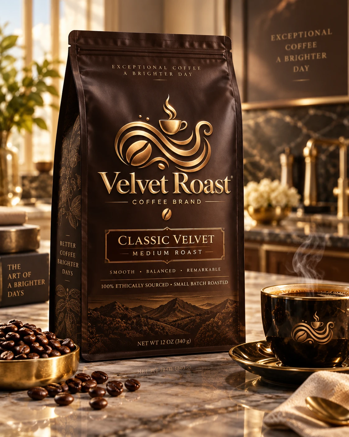 Classic Velvet medium roast coffee bag photographed in an elegant luxury kitchen beside a steaming cup of coffee and gold-toned details