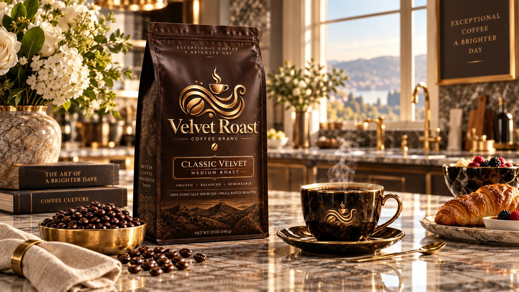Velvet Roast Classic Velvet coffee bag styled in a luxury kitchen with a steaming black cup and breakfast setting